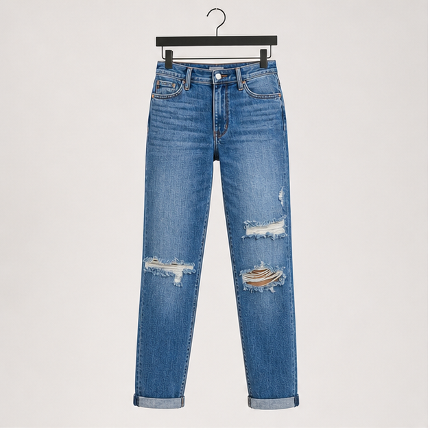 Women's Ripped Mid Waisted Boyfriend Jeans Loose Fit Distressed Stretchy Denim Pants - front view