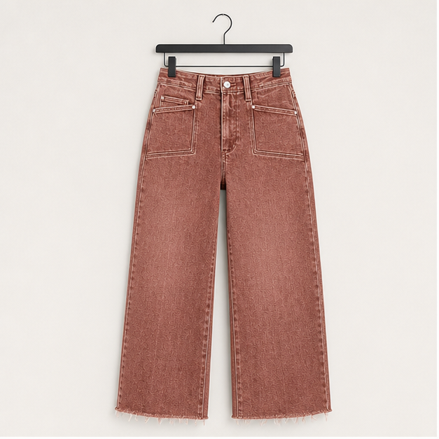 Womens High Waisted Cropped Jeans Trendy Stretchy Baggy Straight Leg Raw Hem Capri Denim Pants - front view